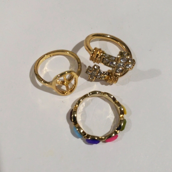 Set of 3 Gold Tone Sparking Cross, Peace Symbol Colorful Rings - Women's Jewelry - Picture 4 of 8